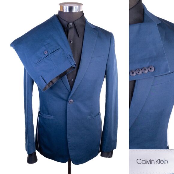 Calvin Klein SLIM Sz 2-Pcs Cotton/Linen Suit Blazer Jacket Sz 38S Pants 32X28 - Picture 1 of 16